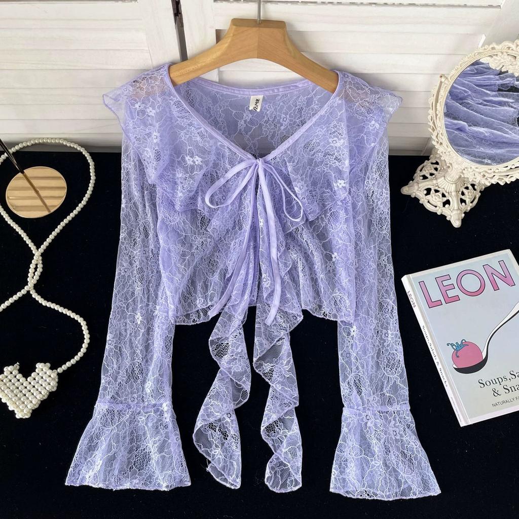 Gilet en dentelle frais à manches évasées pour femme, été, bord à volants, fin, manches longues, protection solaire