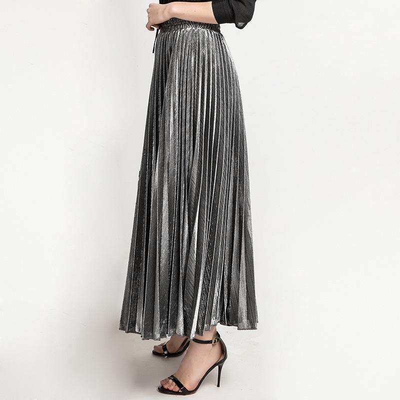 2020 Spring/Summer Pleated Midi Skirt: Plus Size High Waist Gold Beach Dress for Women
