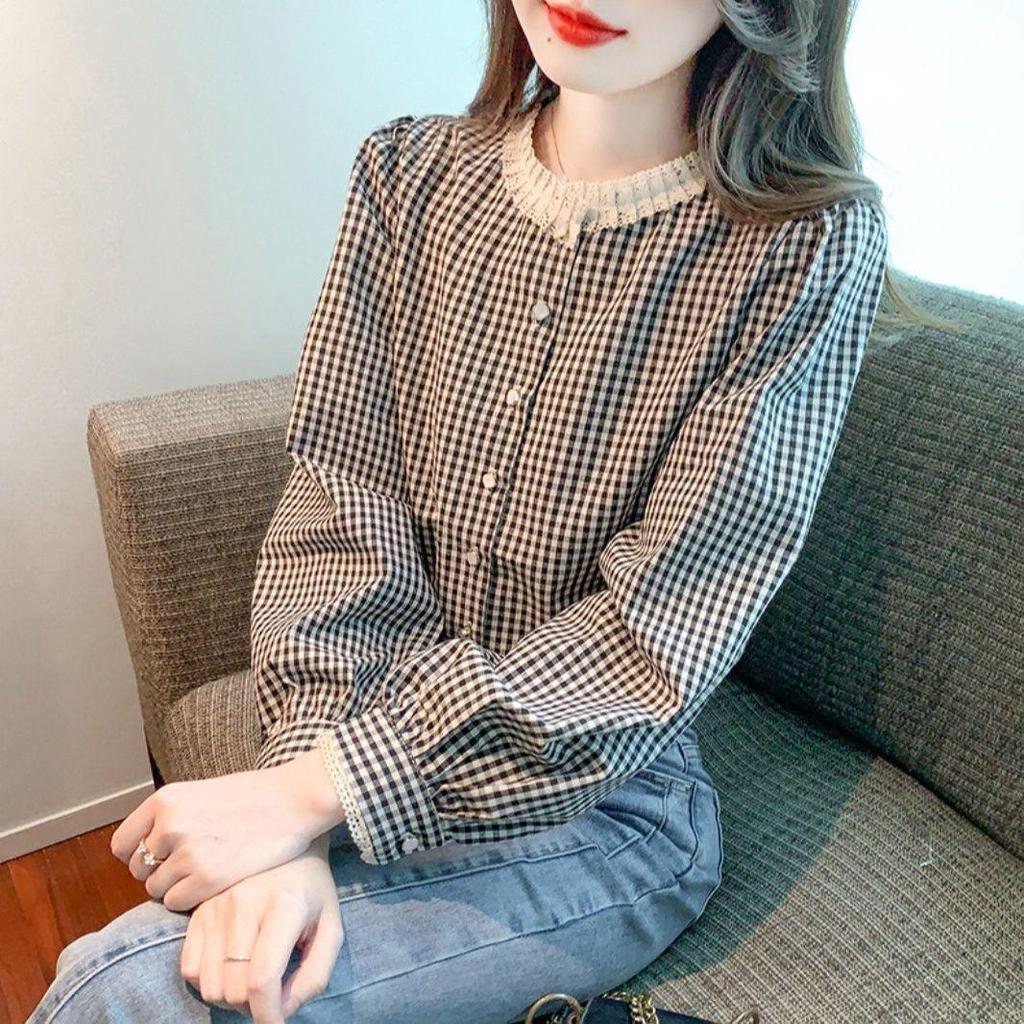 2025 Retro Checkered Lace Long Sleeve Shirt for Women - Spring/Autumn Round Neck Top