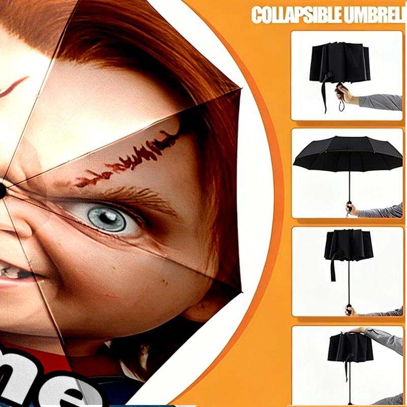 Custom Name Personalized Bride of Chucky Print Umbrella, Auto Open Close, 8‑Rib Sturdy Frame, Commute Camping Hiking Use, Birthday Gift