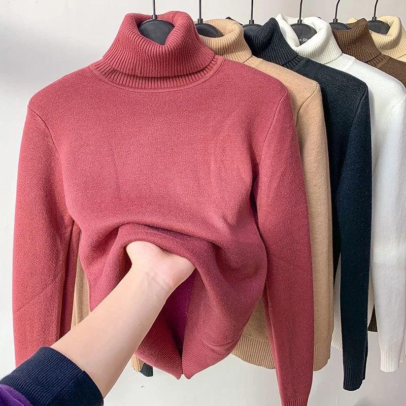 Autumn Winter Long Sleeve Velvet Knitted Sweater Women Solid Slim Warm Plush Turtleneck Sweaters Casual Elegant Long Sleeve Base Jumpers Women 30750