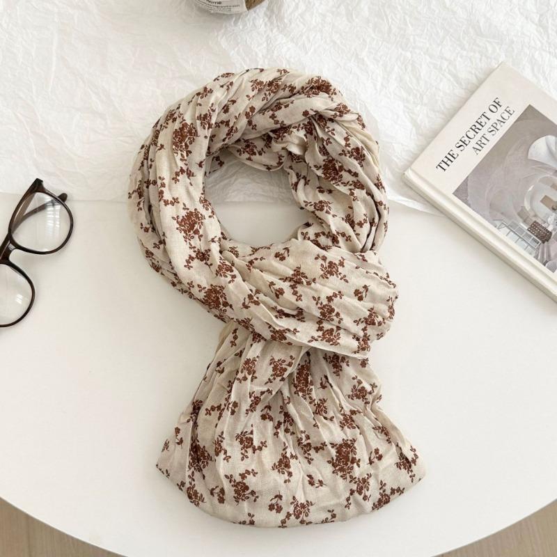 Scarf autumn and winter new floral retro pleated silk scarf neck protection warm scarf twist braid scarf shawl