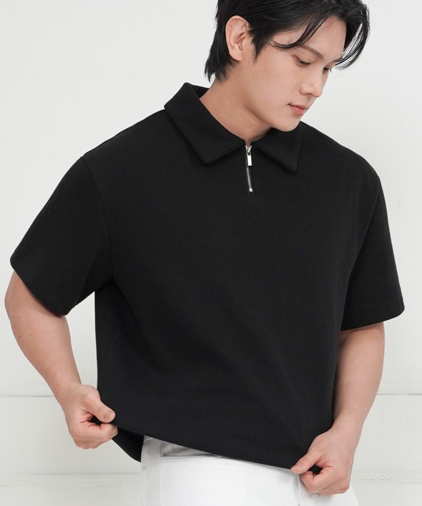 Dibala Automatic Tucking Fake Drop Oversized Half-Zip Polo Shirt Short Sleeve T-Shirt