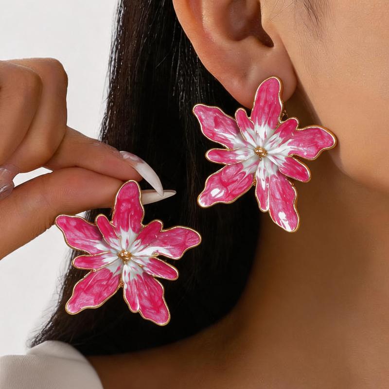 Europe and America Large Drip Oil Flower Stud Earrings for Women Luxury Floral Irregular Personality Earrings Vacation Jewelry