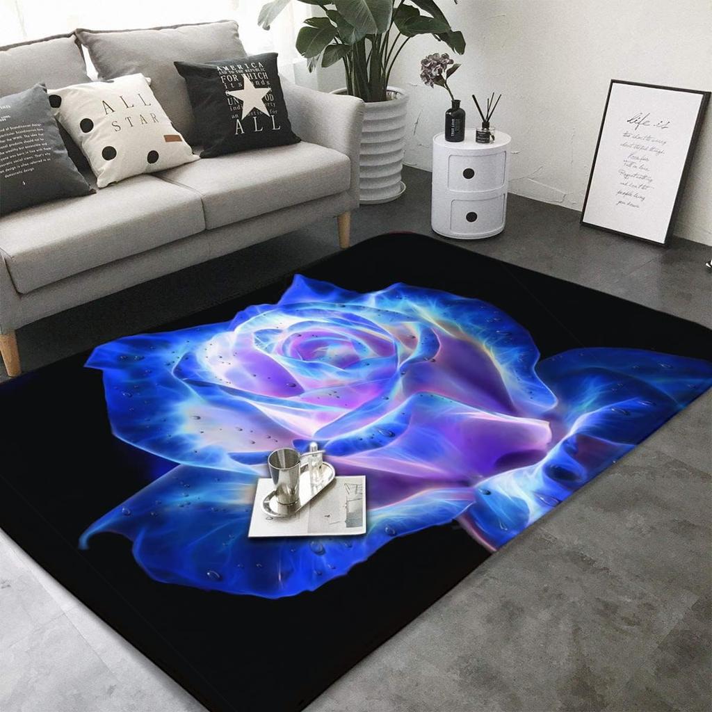 Blue Rose Flower on Black Background Non Slip Mat Area Rugs Floor Carpet for Kitchen Bedroom Living Room Decoration for Kids