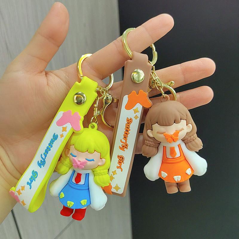Adorable Cartoon Silicone Keychain Charming Butterfly Kiss Girl Design