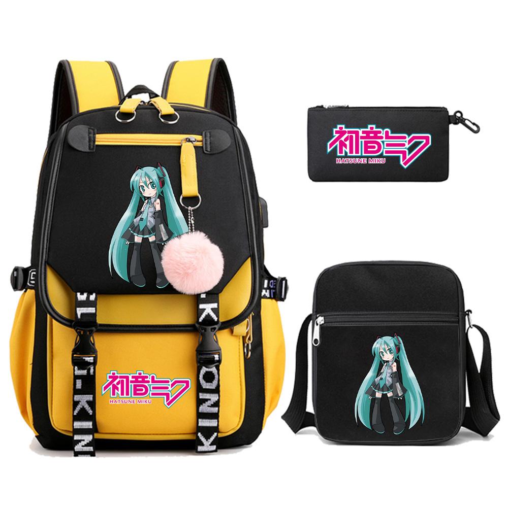 3ks/sada Anime Kreslený Batoh s Potiskem Hatsune Miku s Taškou přes Rameno pro Teenagera Studenta Dívku Chlapce Velkokapacitní Voděodolný Školní Batoh Mochila