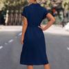 QICED Spring Summer Solid Color Print Short Sleeve POLO Neck Slim Shirt Lace-up Dress