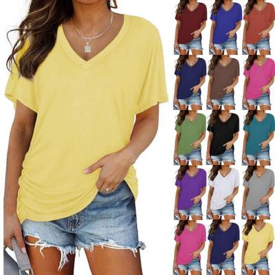 Damen Freizeit Sommer T-Shirt V-Ausschnitt Kurzarm Einfarbiges Oberteil Kleidung