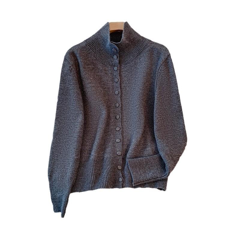 Solid Color Button-Up Knit Cardigan for Women: Loose, Casual, High Neck, Dropped Shoulder, Autumn/Winter Design.
