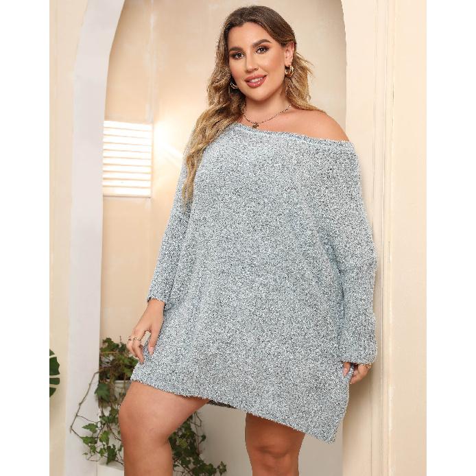 

Off-shoulder Sweater Dress Sexy Loose Knitted Pullover Sweater 1XL светло-синий