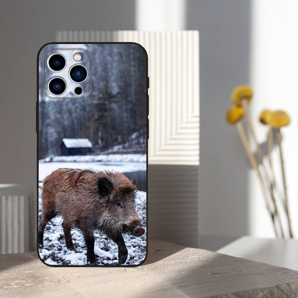 Cute Wild Boar Animal For iPhone 8,7,11,12,15,14,13,16,17,Plus,Pro Max,XS,X,XR,SE,Mini,Soft Silicone Black Case