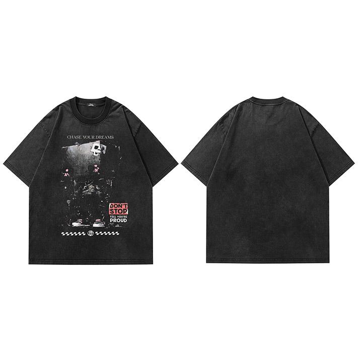 

Men Streetwear Hip Hop Oversized T Shirt Washed Black Funny Robot Graphic T Shirt Vintage Tshirt Harajuku Cotton Tops Tees S