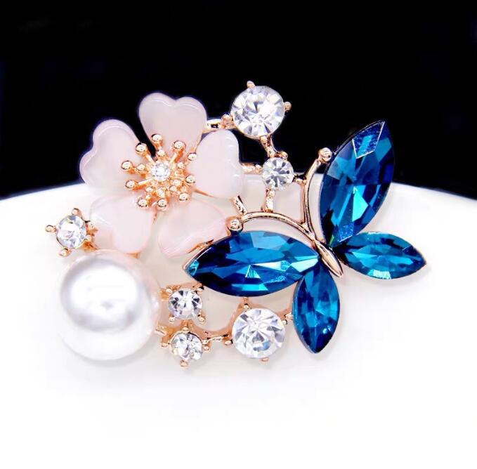 Crystal Butterfly Flower Brooch Female Pearl Pin Suit Accessories Clothing Accessories