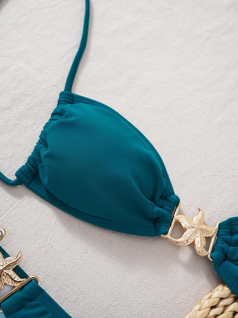 2025 Europäischer & Amerikanischer Uni-Farben Seestern Schnür-Bikini Zweiteiliger Badeanzug