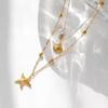 Vintage Stainless Steel Shell Starfish Pendant Necklace for Women Elegant Imitation Pearl Double Layered Clavicle Chain Jewelry