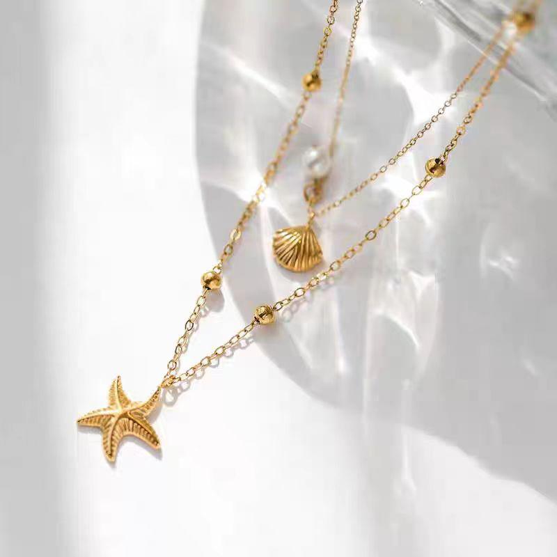 Vintage Stainless Steel Shell Starfish Pendant Necklace for Women Elegant Imitation Pearl Double Layered Clavicle Chain Jewelry