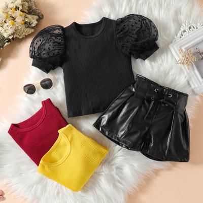 Baby Kinderkleding Zomerpakje voor Meisjes Strip Net Pofmouw Top + PU Leer Shorts 2-delige Set Kinder Shirt Outfit