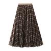 Qooth Autumn Brown Plaid Skirt for Women A-Line Maxi Length Slim Half Skirt QT2745