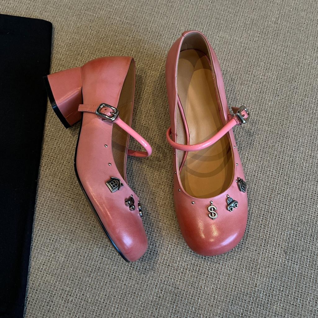 Frühling und Herbst neue runde Spitze poliertes Nischendesign mit dickem Absatz Mary Jane Einzelne Schuhe Damen mittlerer Absatz