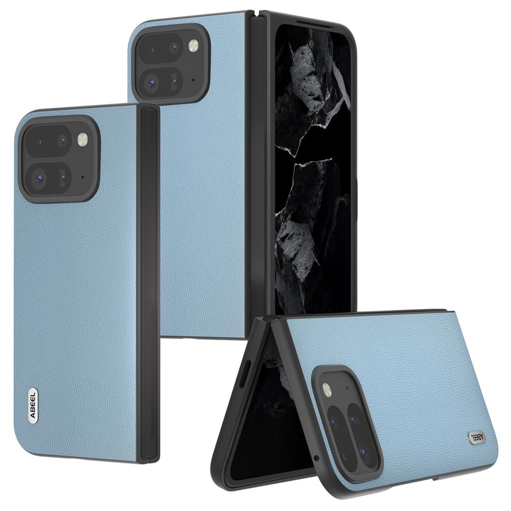ABEEL For Google Pixel Fold 2 Case Genuine Cow Leather PC Phone Cover Black Edge