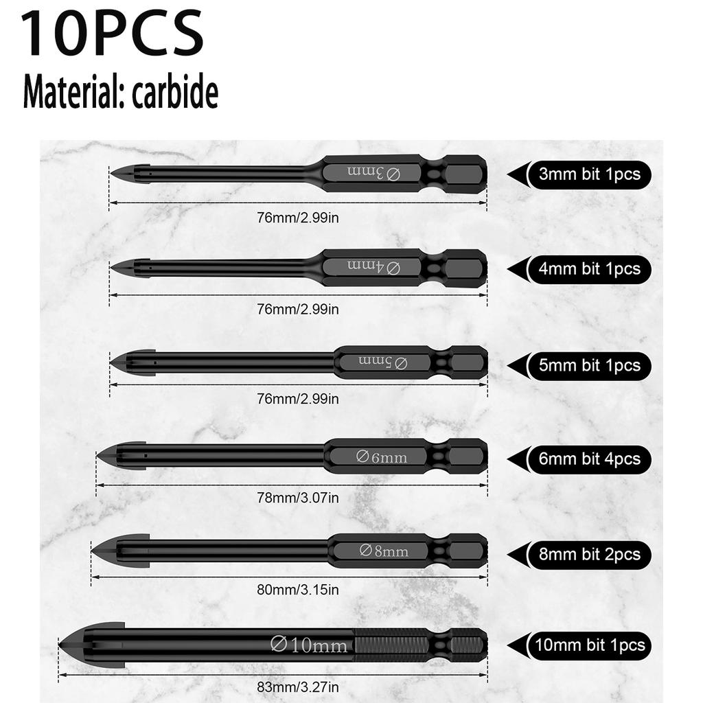 12PCS Cross Hex Tile Drill Bits Set Tile Porcelain Drill Bit for Glass Concrete Ceramic Hole Opener Hex Shank 3-12mm Hard Alloy