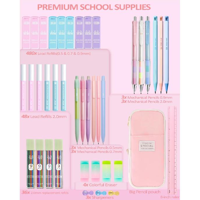 Mechanical Pencil Set with Pink Pencil Case,12X Pastel Mechanical Pencil 0.5mm-2.0mm with 564X HB+36X Color Leads for Writing, Drafting, Drawing,