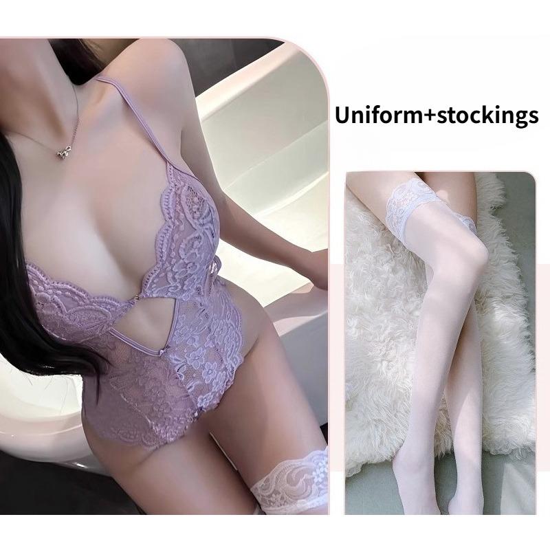 Pornographic Lingerie Sexy Suspender Lace Seduction Bow Hollow Open Cut Jumpsuit for Women Hot Perspective No Take Off Set