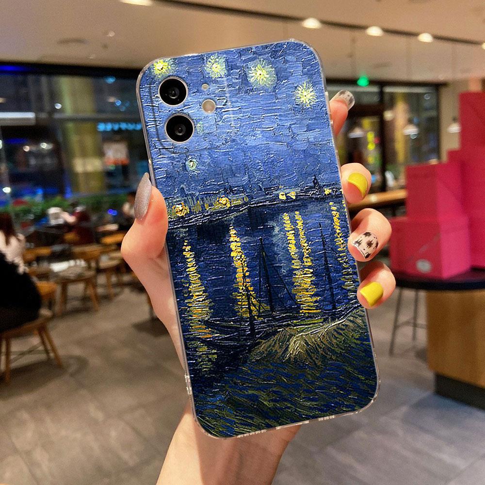 Van Gogh Painting Clear Phone Case For iPhone 15 14 11 12 13 Pro Max Mini XS XR 8 Plus Cover Cafe Terrace Starry Night Sunflower