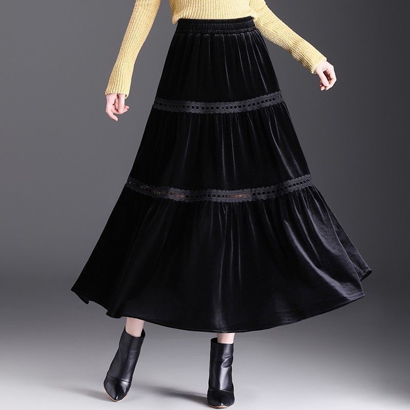 Autumn Winter Women's Velvet Plus Size Skirt High-Waist Cake Skirt Long A-Line Lace Skirt
