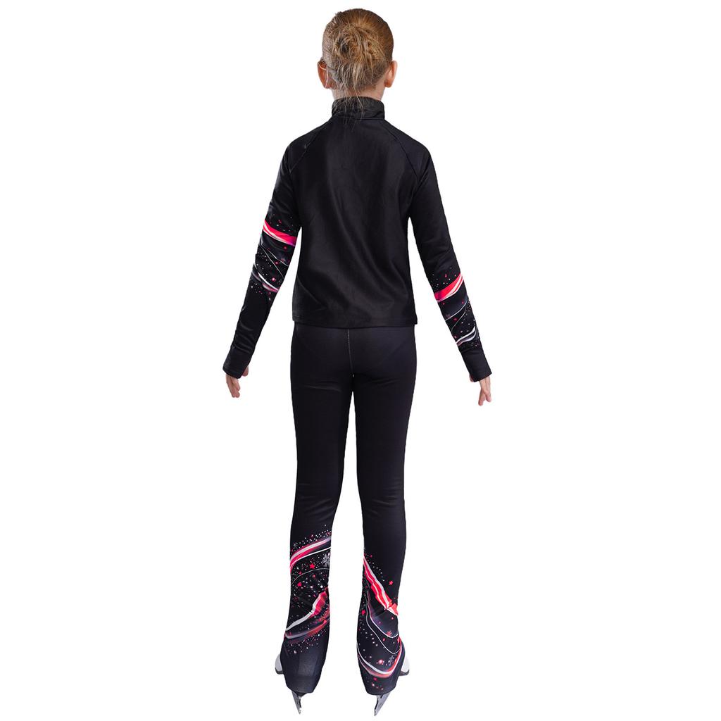 Girls Figure Skating Costume Long Sleeve Printed Sweatshirt Jacket Leggings Gymnastics Dance Practice