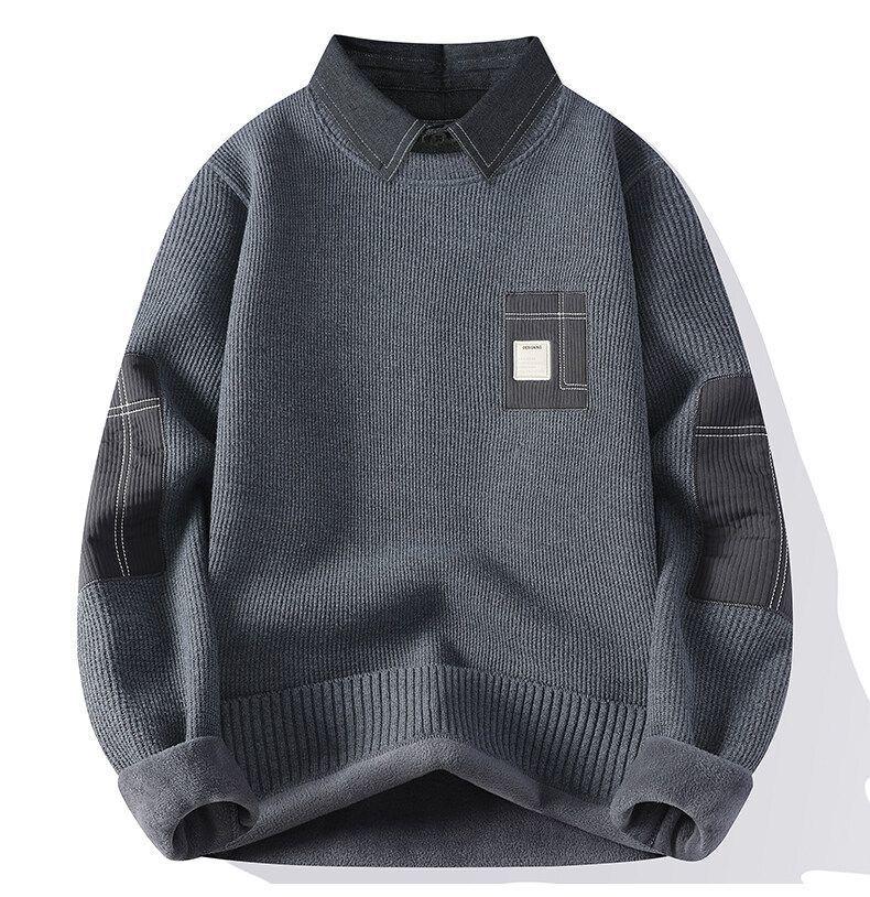 Herren Slim Fit Fleecegefütterter Zwei-in-Eins Hemdpullover – Koreanischer Stil Herbst/Winter Warme Basisschicht