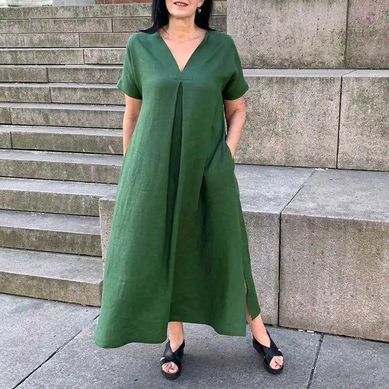 BITCED Fashion Summer V-Neck Short Sleeve Spring Solid Color Print Casual Dresses S