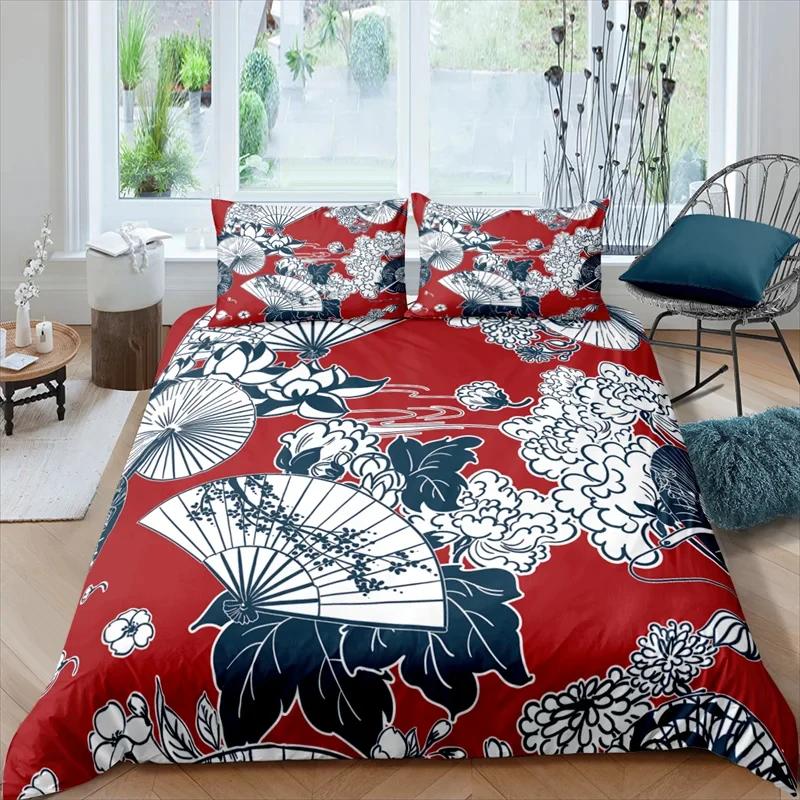 Conjunto de Capa de Edredom Confortável para Casa com Estampa de Flores Japonesas 3D de Luxo, Conjunto de Cama para Meninos Tamanho Queen e King EU/US/AU/UK