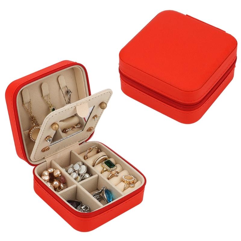 Jewelry Storage Box with Mirror, Compact Travel Case with Ring Rolls, Necklace Hooks and Zip-Around Closure Design