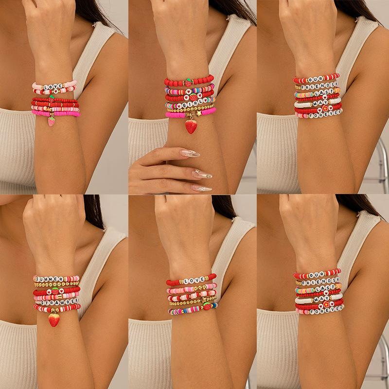 Sweet Cool Wind Strawberry Soft Pottery Beaded Bracelet Female Bohemian Letter Elastic Bracelet
