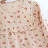 New spring and summer ladies pajamas long-sleeved trousers two-piece cotton crepe large size flower pullover home service suit