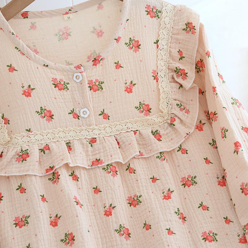 New spring and summer ladies pajamas long-sleeved trousers two-piece cotton crepe large size flower pullover home service suit