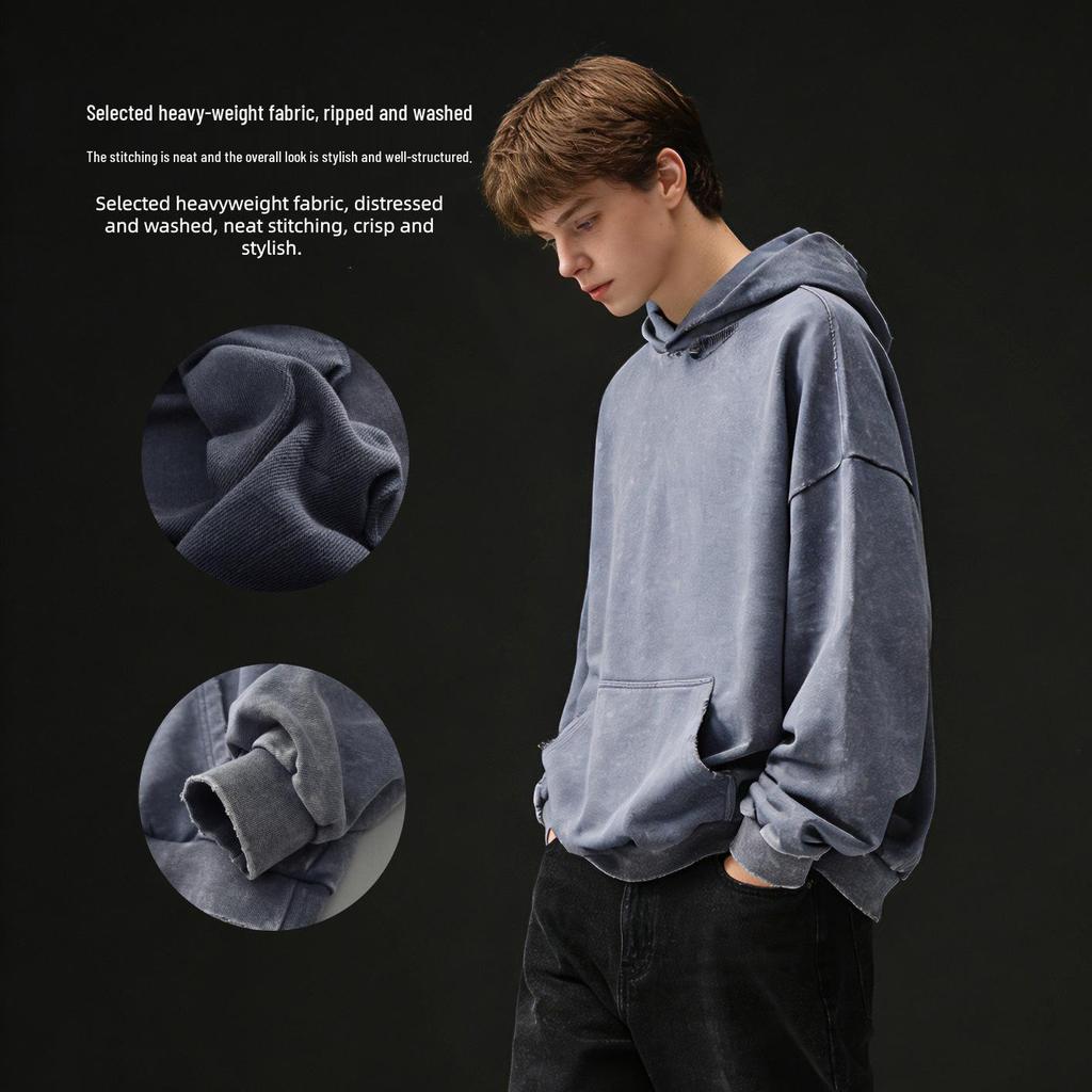 Unisex Vintage American Street Style Washed Cotton Hoodie - Long Sleeve Casual Retro Top