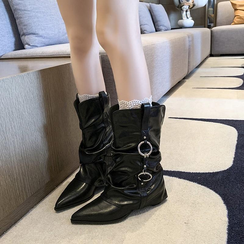 2025 new retro pointed metal buckle pleated short boots thick heel trouser tube boots women's pile boots brown wide boots