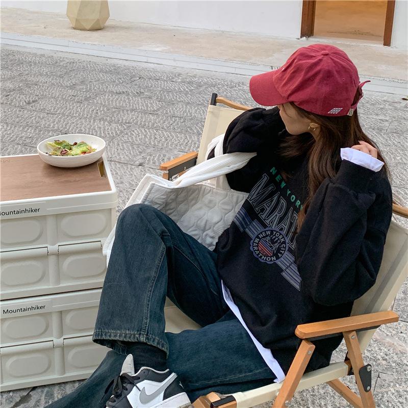 Свободный корейский стиль сращивание поддельные из двух частей повседневная толстовка с длинными рукавами для студенток индивидуальные топы для женщин XL серый 2319₽