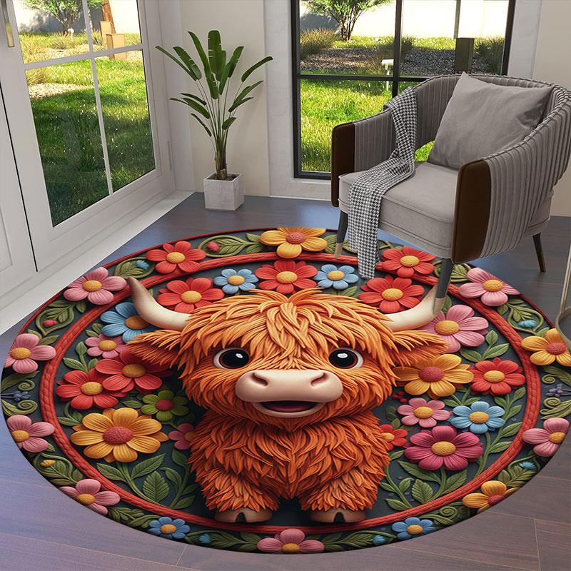 Embroidered animals Round Area Rug,Carpet Rug for Living Room Bedroom Sofa Playroom Decor,Non slip Floor Mat