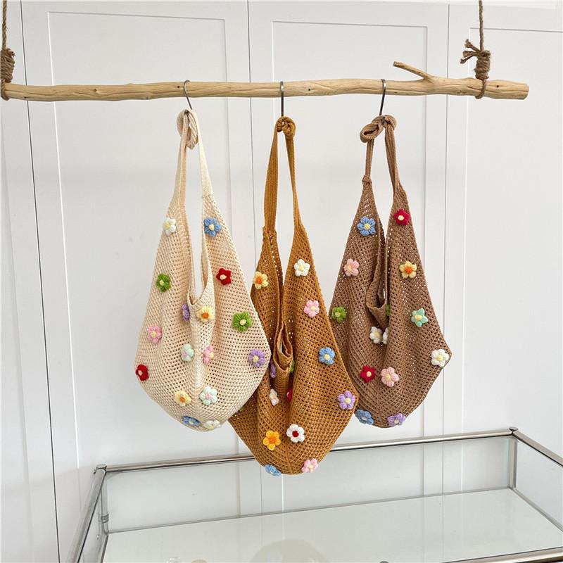 Lazy Wind Flowered Knitted Bag, Shoulder Bag, Large Capacity Tote Bag, Commuting Large Bag