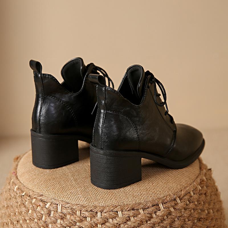 Plus Size Pointy Toe Lace-Up Boots,Chunky Mid Heel Retro Martin Boots for Women