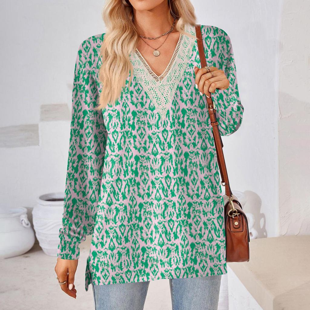 Womens Tops Loose V-neck Contrast Color Split Loose Long Sleeve T-shirt Women's Tops