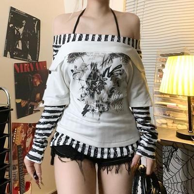 T-shirts grunge streetwear Y2k pour femmes, style américain rétro gothique à rayures, patchwork, faux deux pièces, manches longues