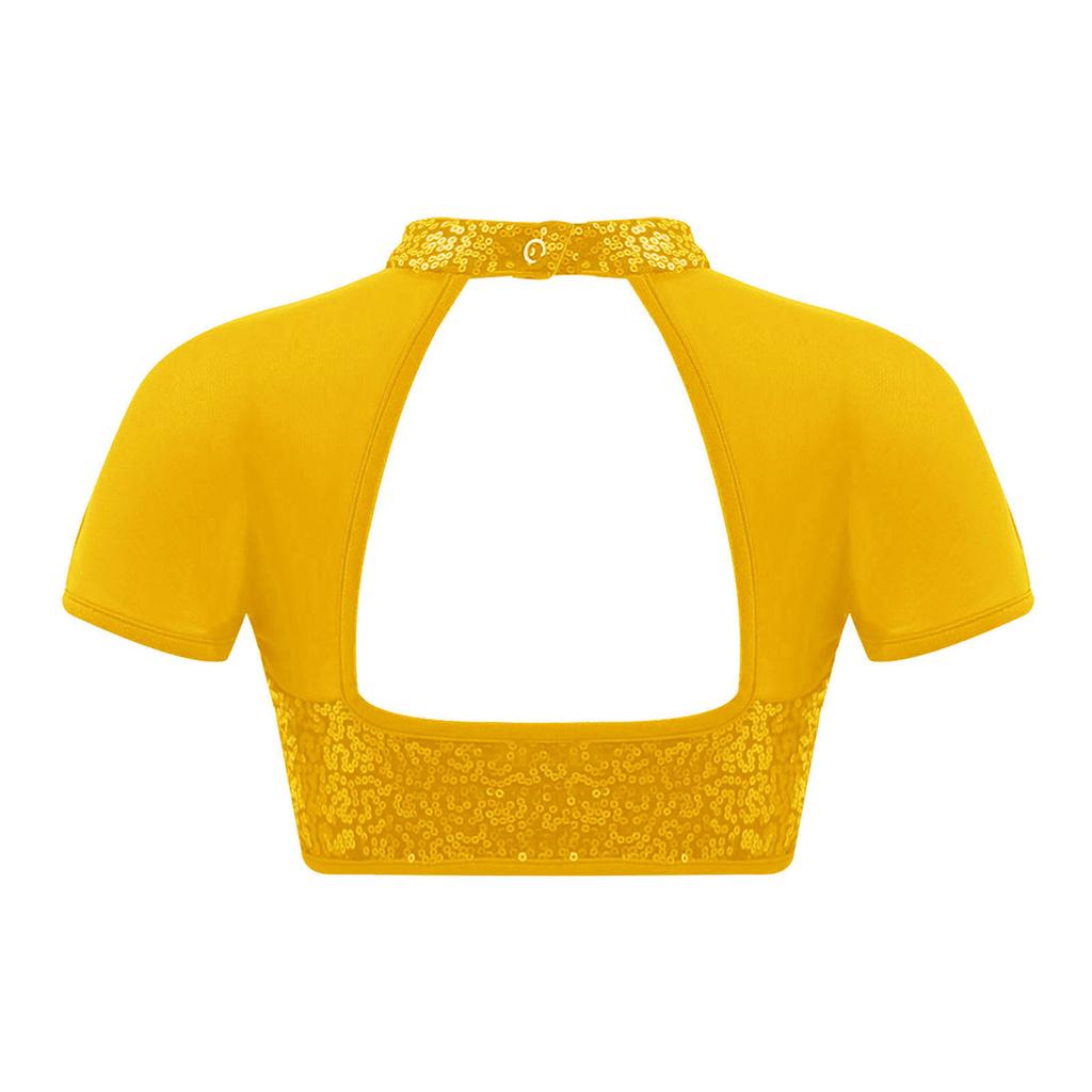 Girls Shiny Sequins Adorned Mock Neckline Short Sleeve Mesh Patchwork Crop Top Cutout Back Dance Top