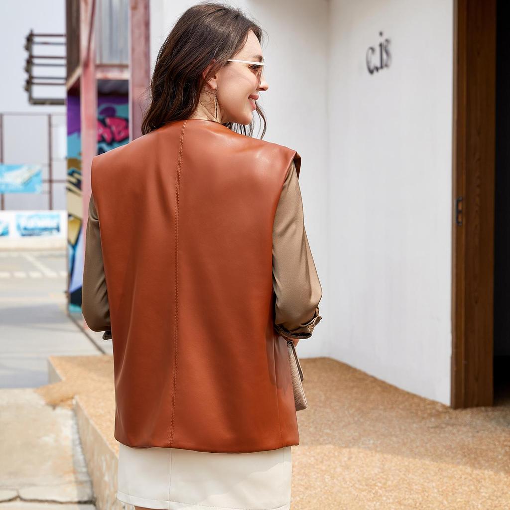 Cardigan Vest for Women Faux Leather Sleeveless Short Jacket with Pockets Plus Size Loose Waist Coat In Black Camel Beige