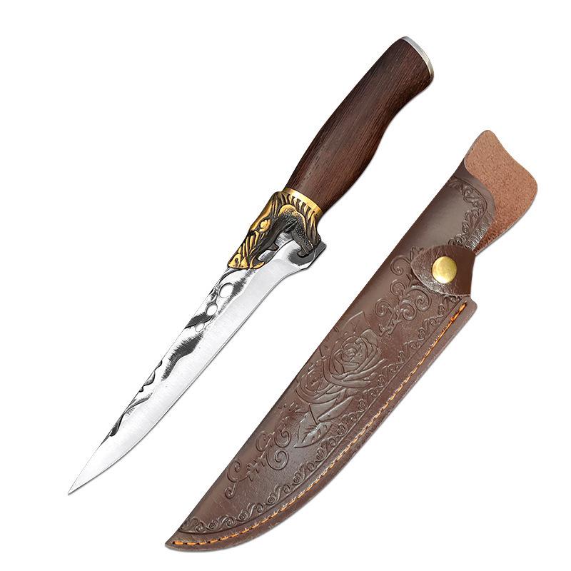 

Кованый походный и стейковый нож из нержавеющей стали с кожаными ножнами