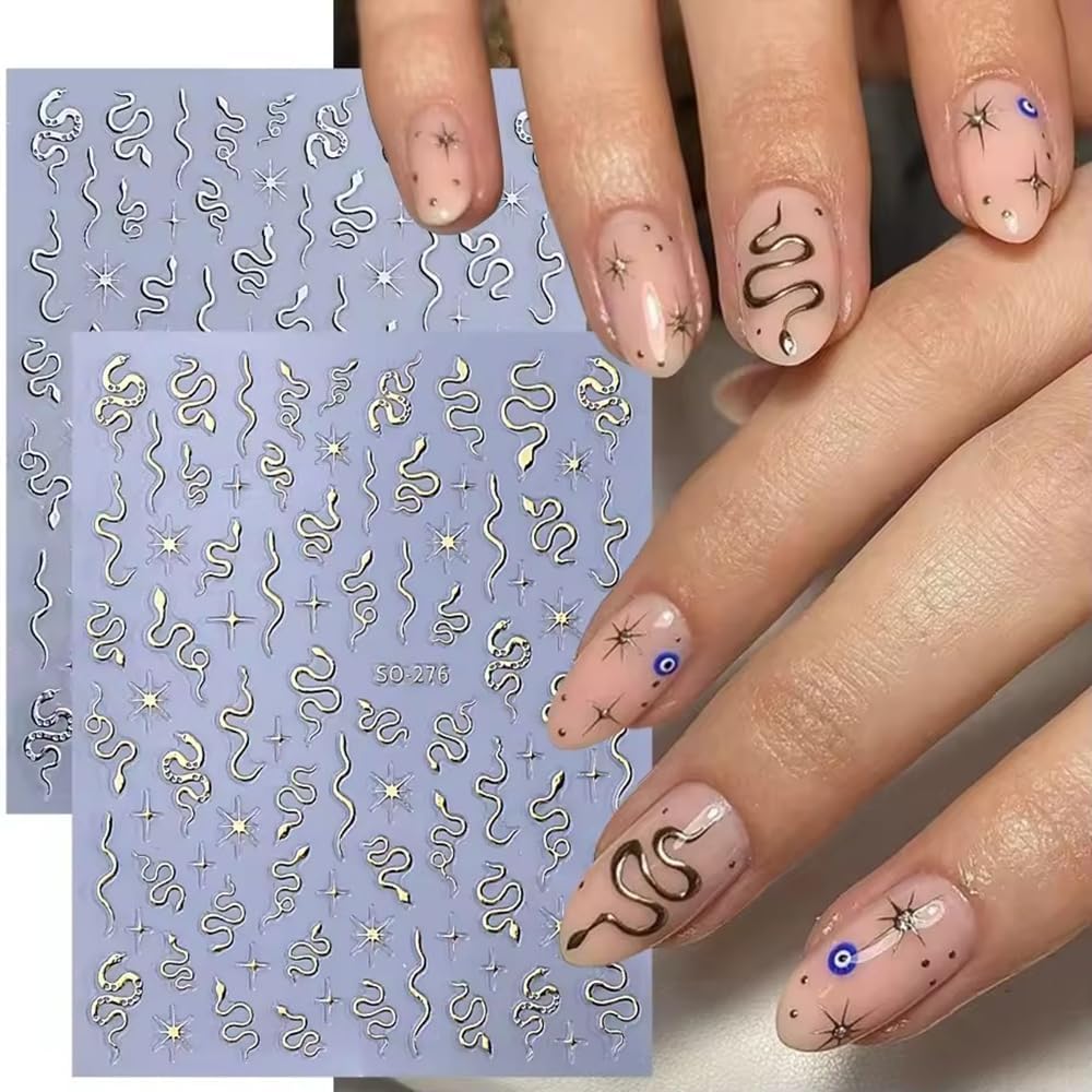 8 Sheets Nail Art Stickers, Gold Silver Star Snake Nail Decals 3D Self-Adhesive Laser Gold Silver Black Snake Nail Design Stickers DIY Manicure